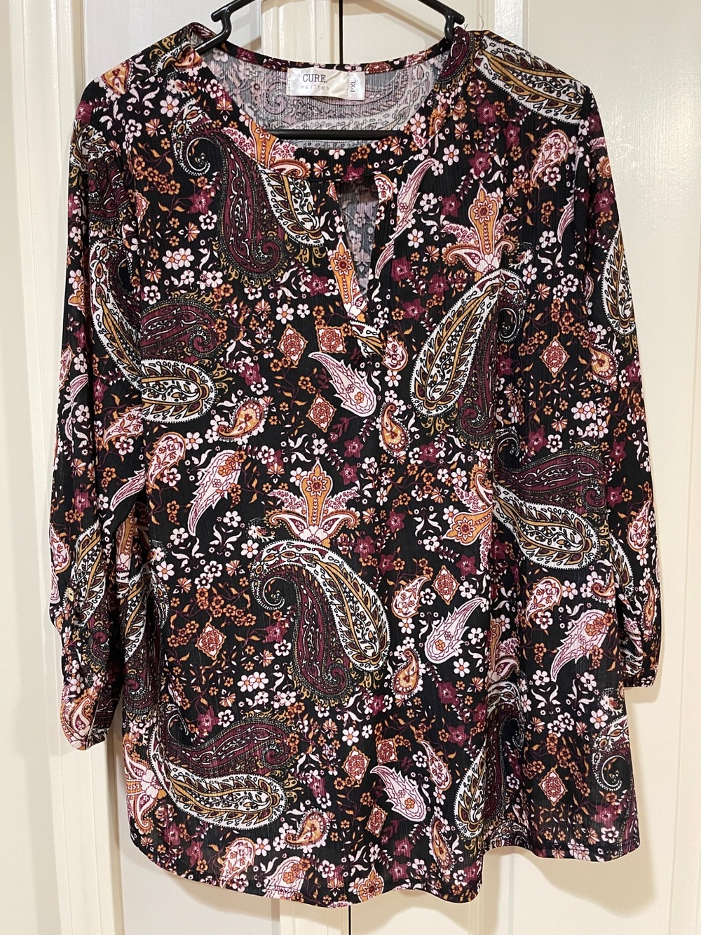 Cure Cuddl Duds Black Paisley Tunic with Pink & Gold Accents